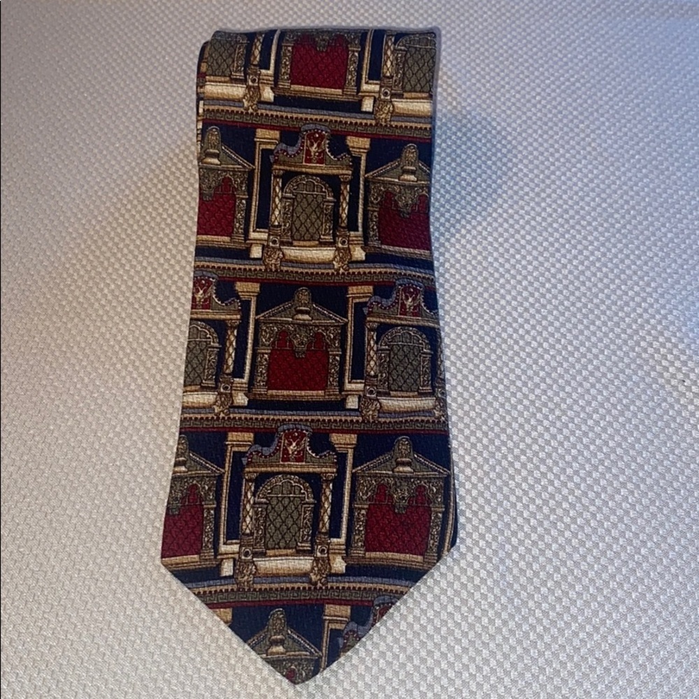Structure Silk Tie Medieval-Inspired Pattern Red & Gold Accents Made In USA